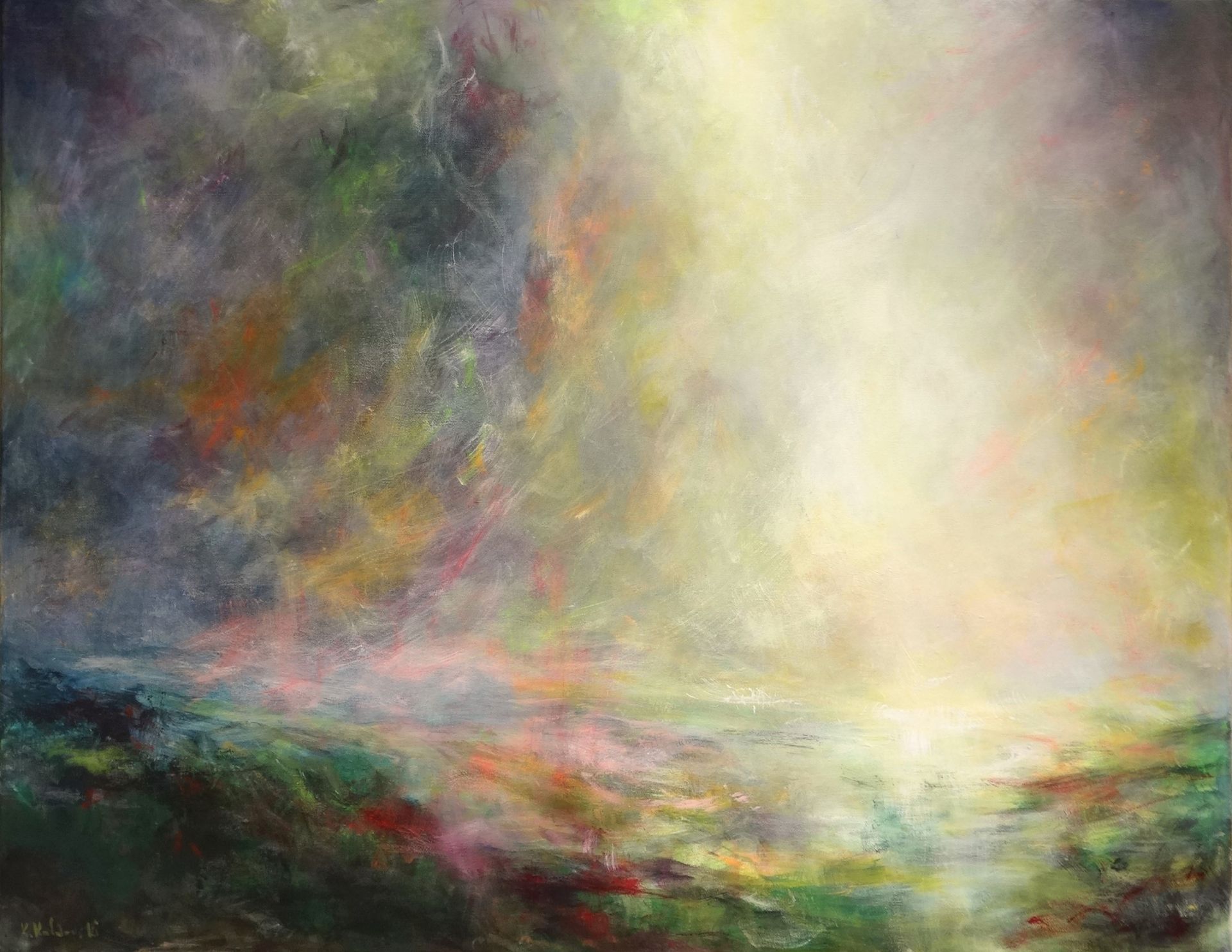 Valley of Hope painting with absctract landscape full of light and shadow 
acrylic on canvas 76 x 101.5 x 3cm