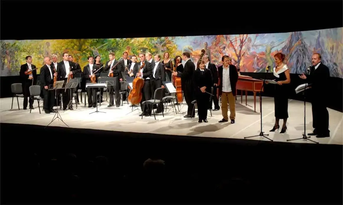 Fou Seasons - Four Stages of Life painting by Mariusz Kaldowski, 22 metre frieze on stage
