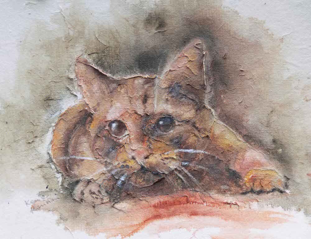 Painting of a ginger cat cat on tissue by Kasia Kaldowski