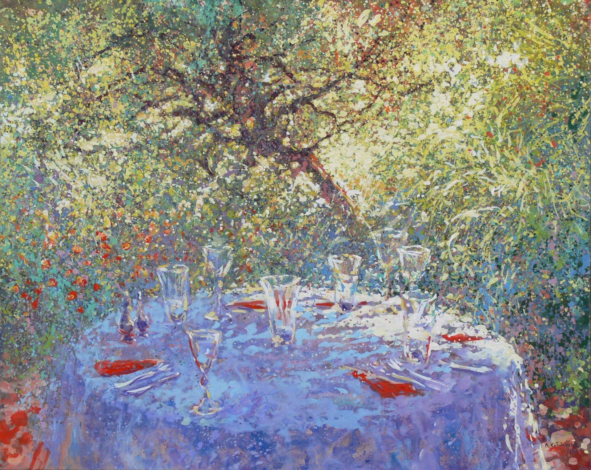 Garden painting “Invitation” by Mariusz Kaldowski — acrylic on canvas, 80 × 100 cm