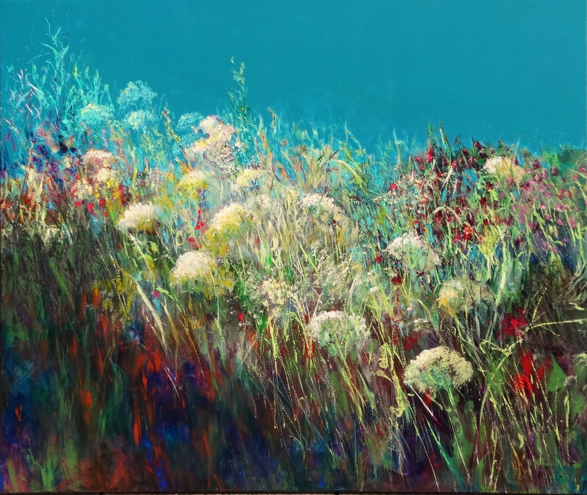 Joyful Field painting of a field of wildflowers 
acrylic on canvas 120 x 150cm