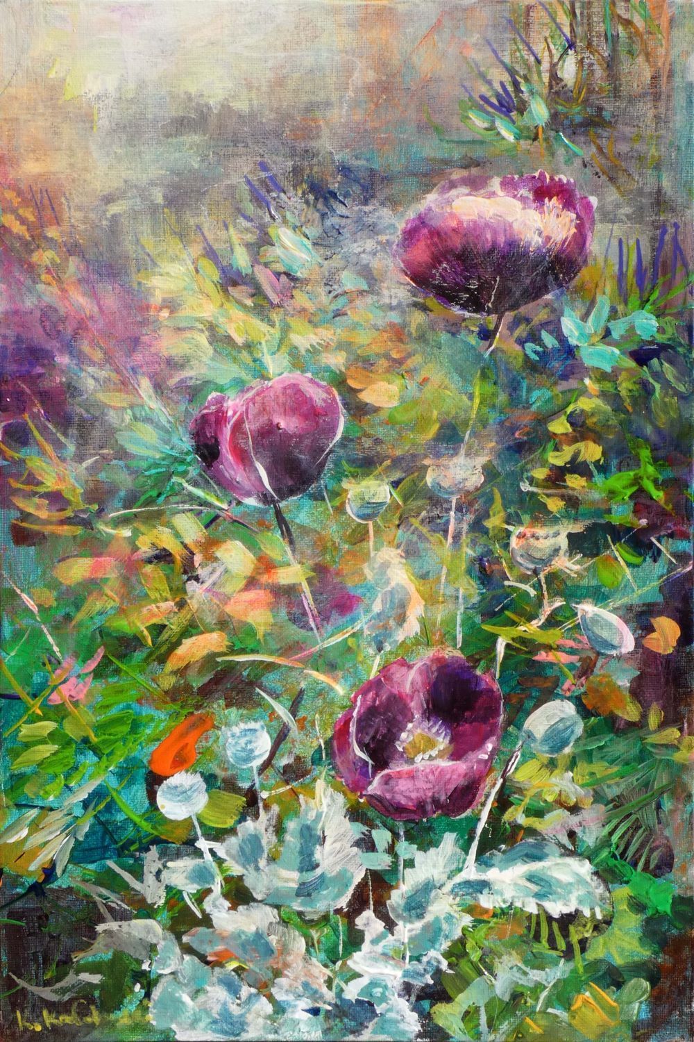 Nymans 2024 acrylic painting by Kasia Kaldowski, inspired by National Trust gardens, poppies at the park
