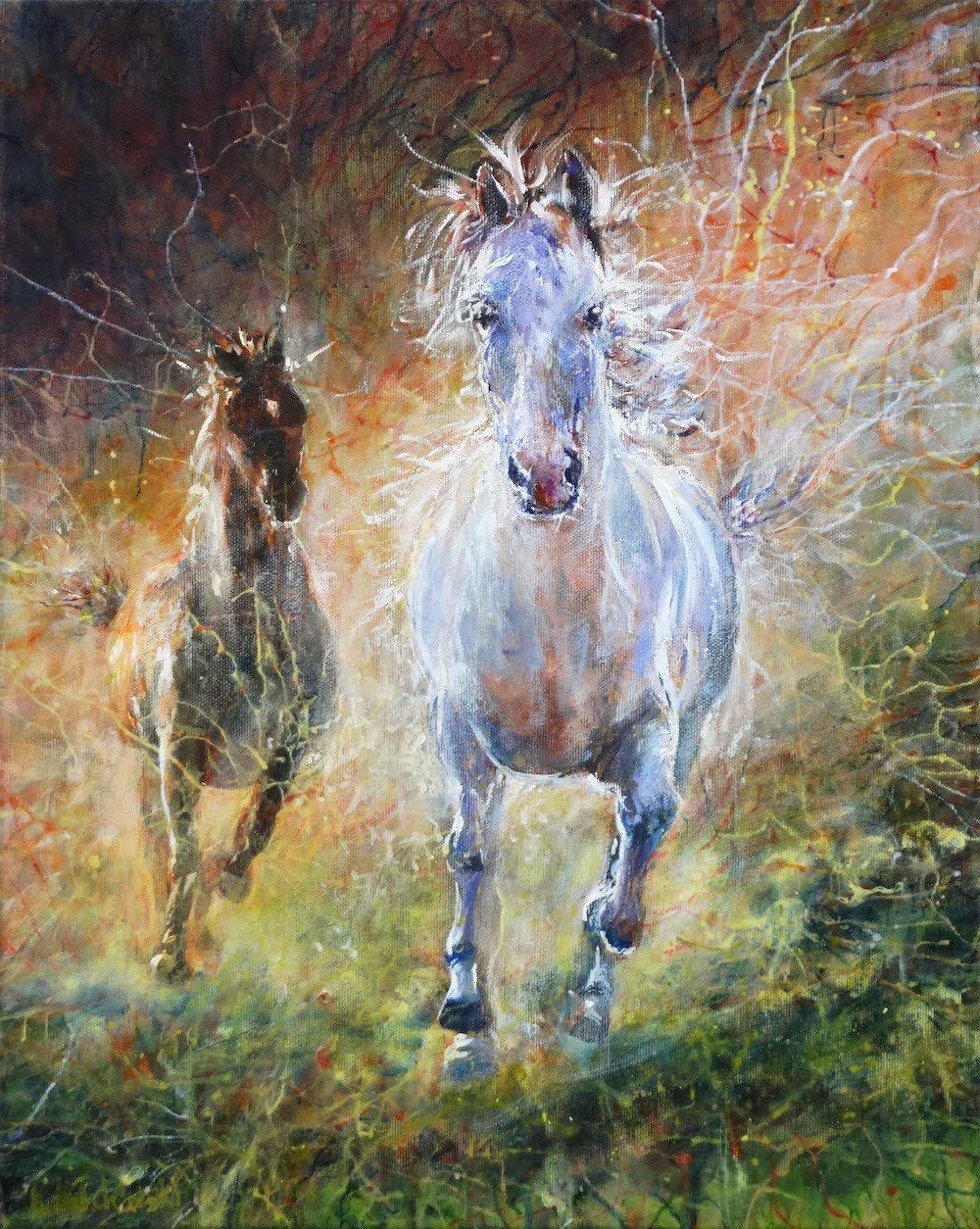 Painting by Kasia Kaldowski of galloping horses.