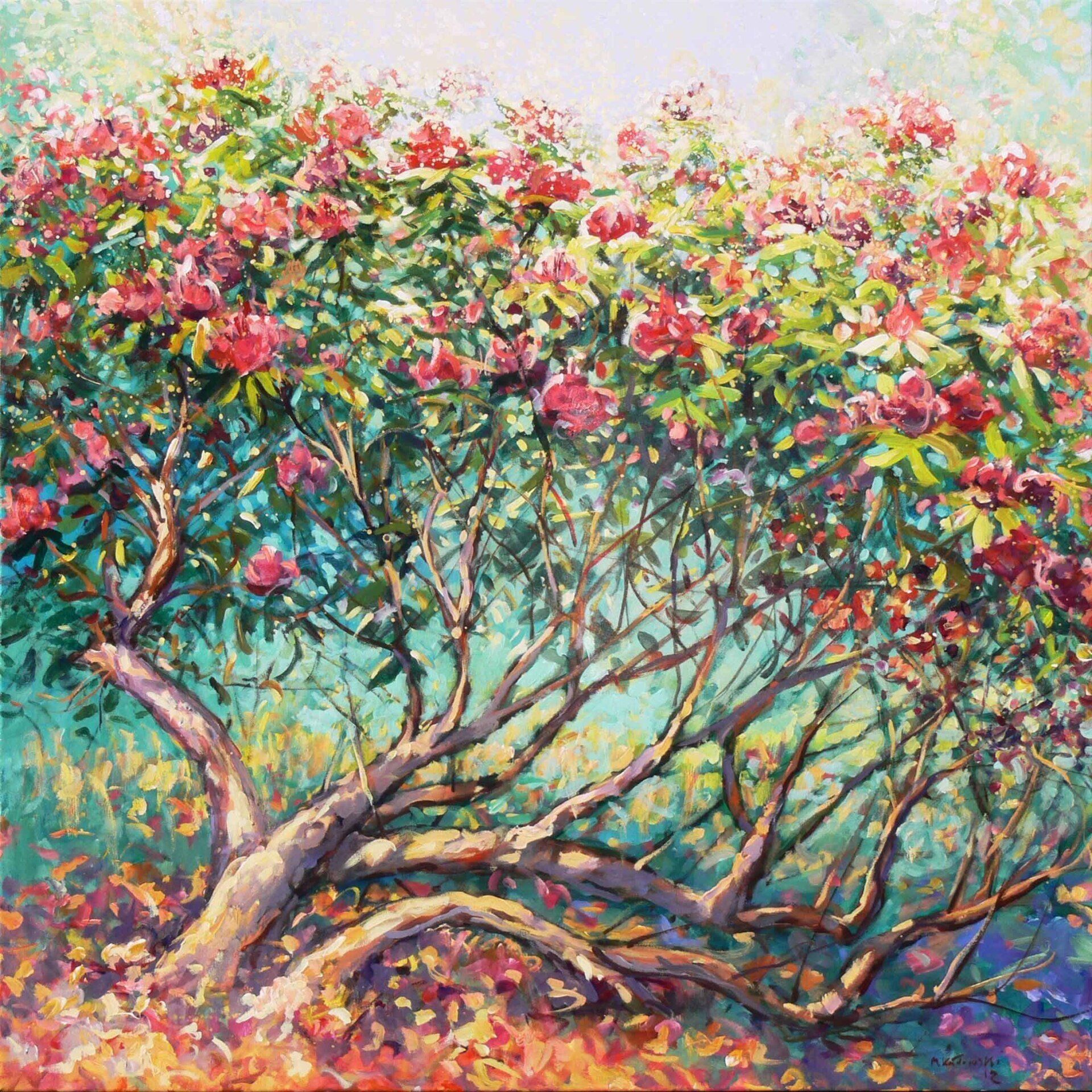 Landscape painting “Rhododendron” by Mariusz Kaldowski — acrylic on canvas, 100 × 100 cm