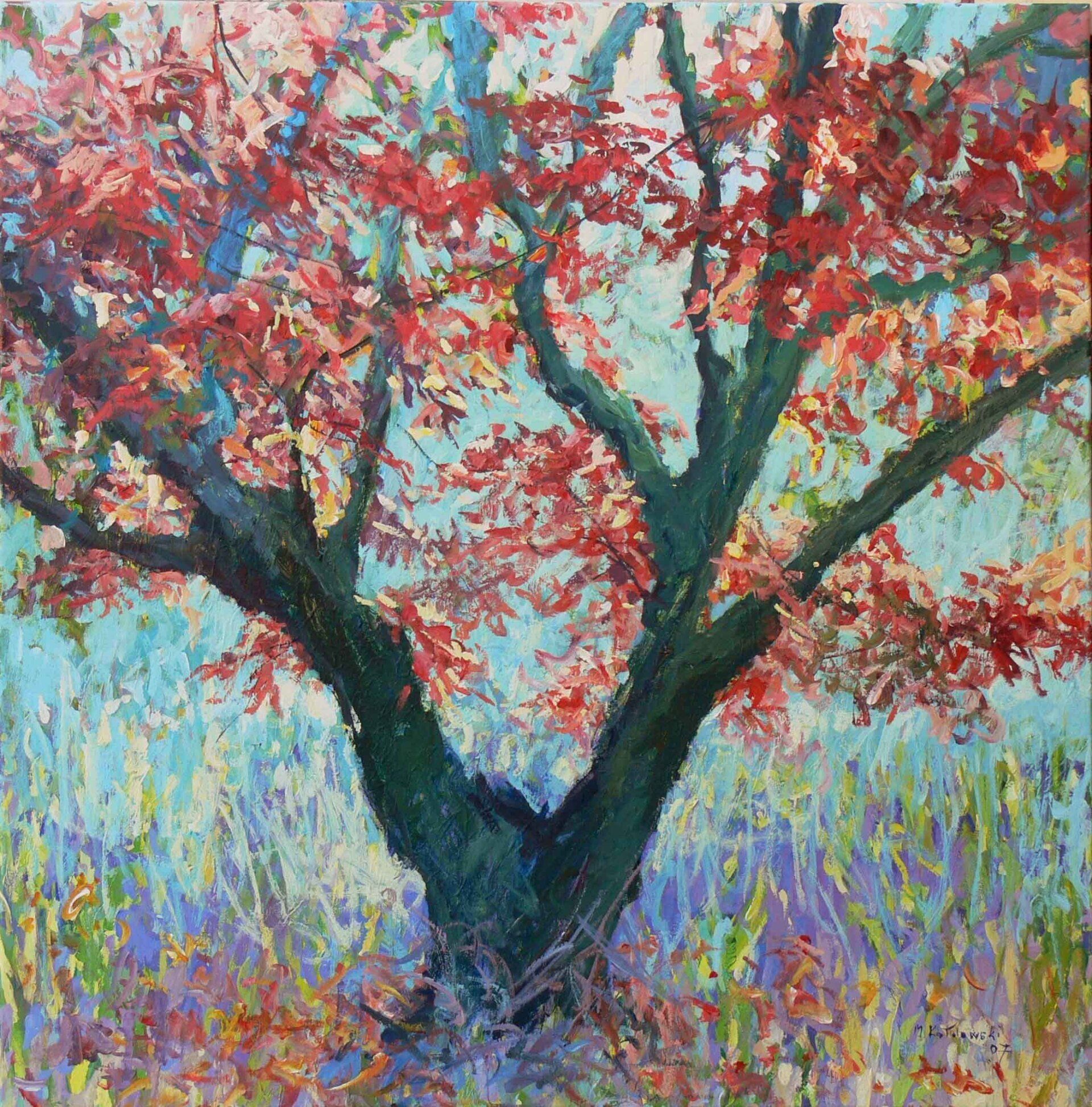 Landscape painting “Majestic Tree” by Mariusz Kaldowski — acrylic on canvas, 100 × 100 cm