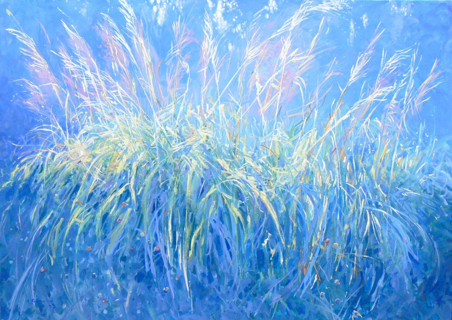 Landscape painting “Blue Grasses” by Mariusz Kaldowski — acrylic on canvas, 100 × 140 cm