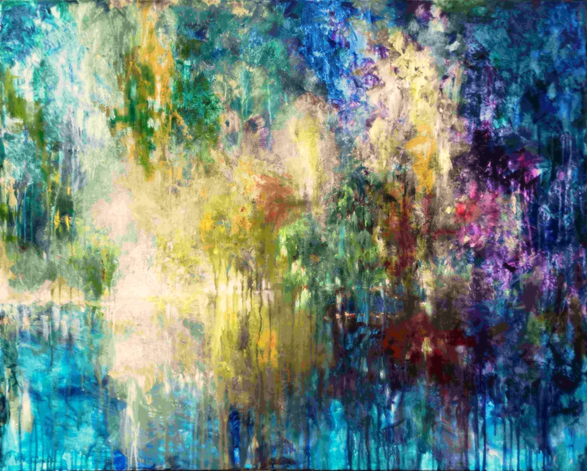 Sounds of the Rain Forest painting of an abstract expressionistic landscape,
acrylic on canvas 91.5 x 114cm