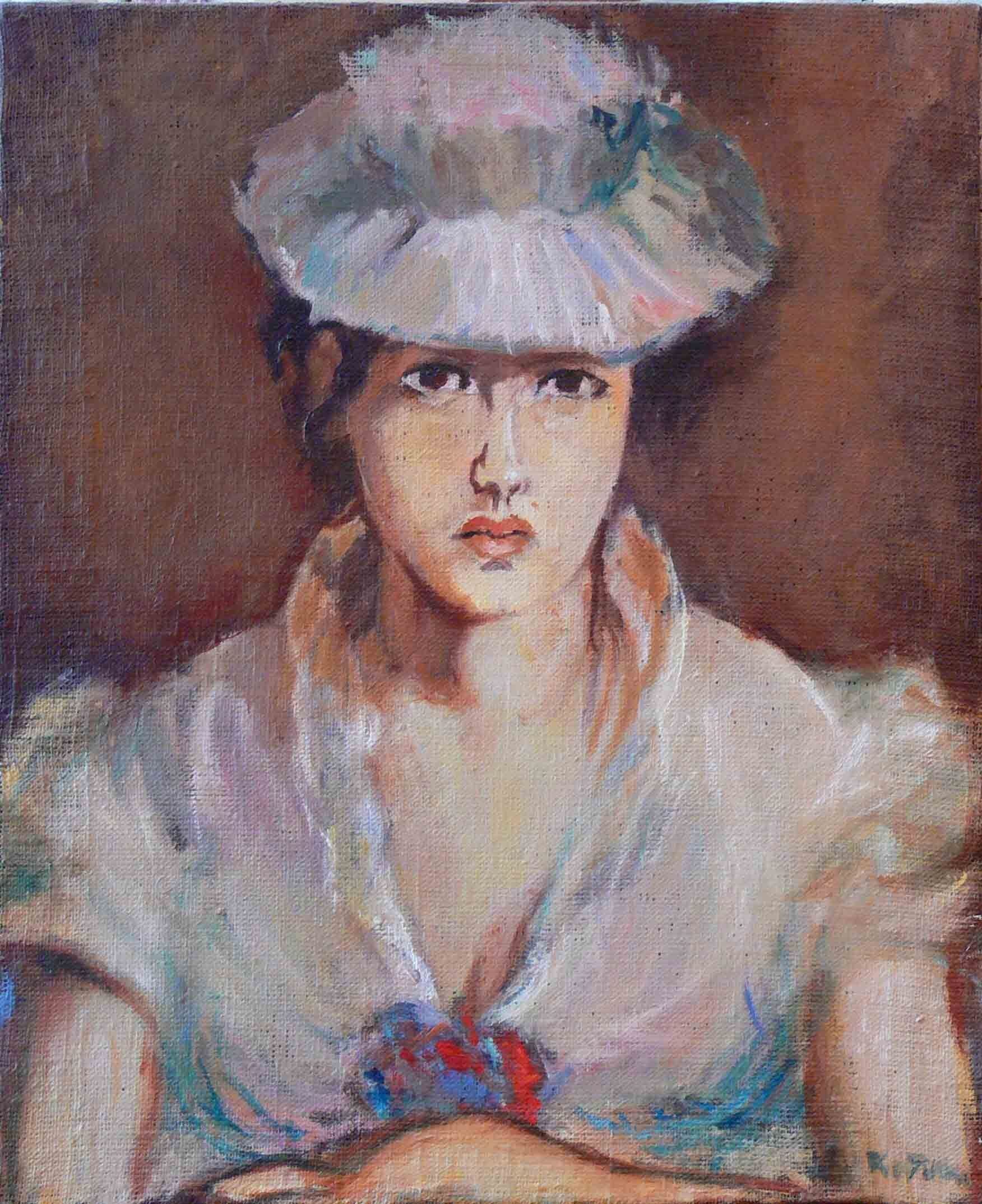 Archival painting of a woman in hat by Mariusz Kaldowski