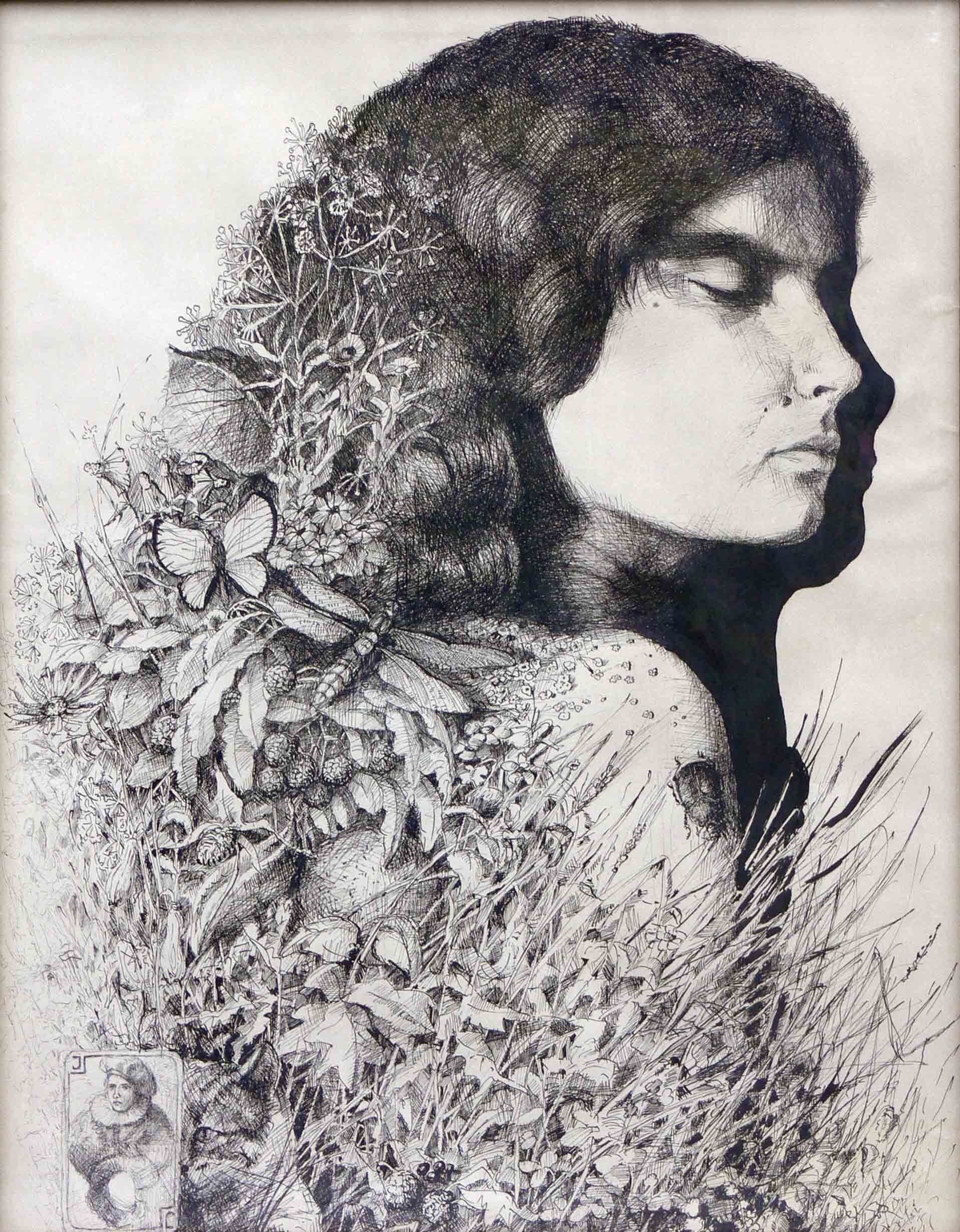 Drawing of a female with long hair in flowers by Mariusz Kaldowski