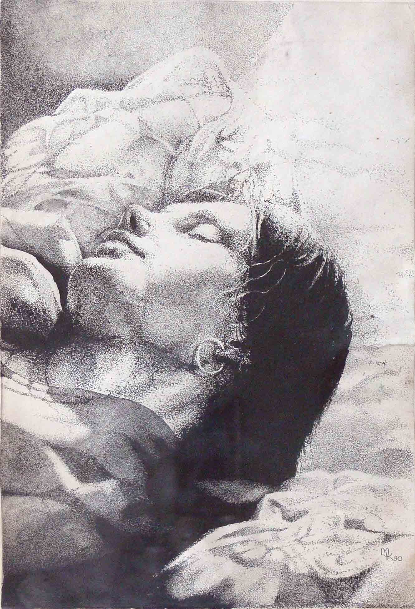 Figurative symbolic archive sketch drawing of a sleeping female by Mariusz Kaldowski