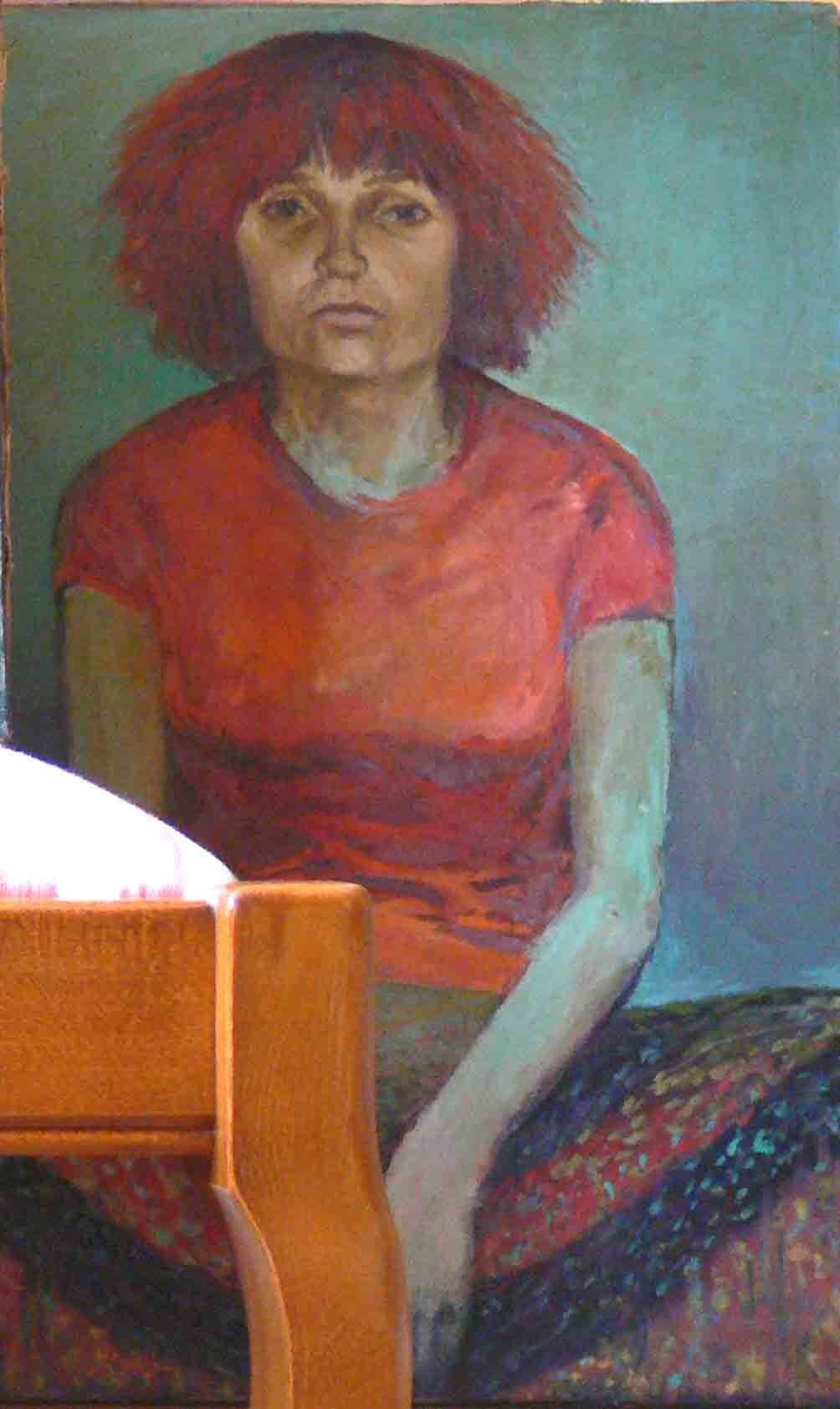 Figurative painting of a female with ginger frizzy hair by Mariusz Kaldowski