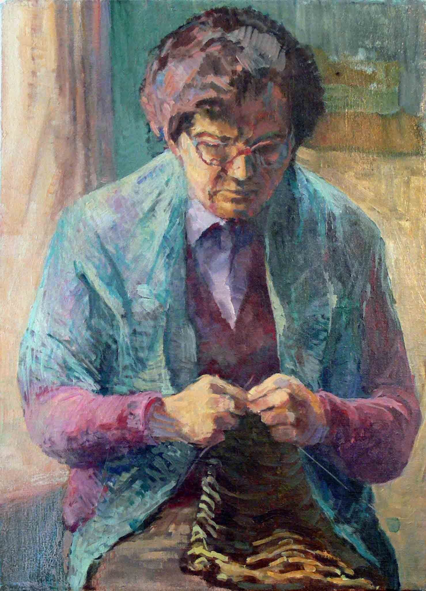 Figurative oil archive canvas of a female knitting by Mariusz Kaldowski