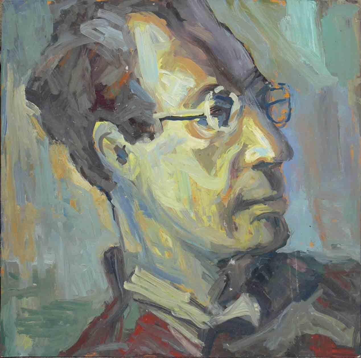 Archive painting of a man in round glasses by Mariusz Kaldowski
