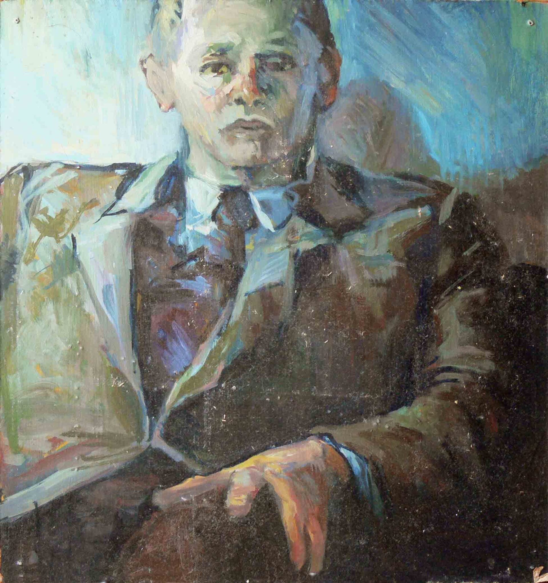 Male in coat in an armchair painting from Mariusz Kaldowski archive