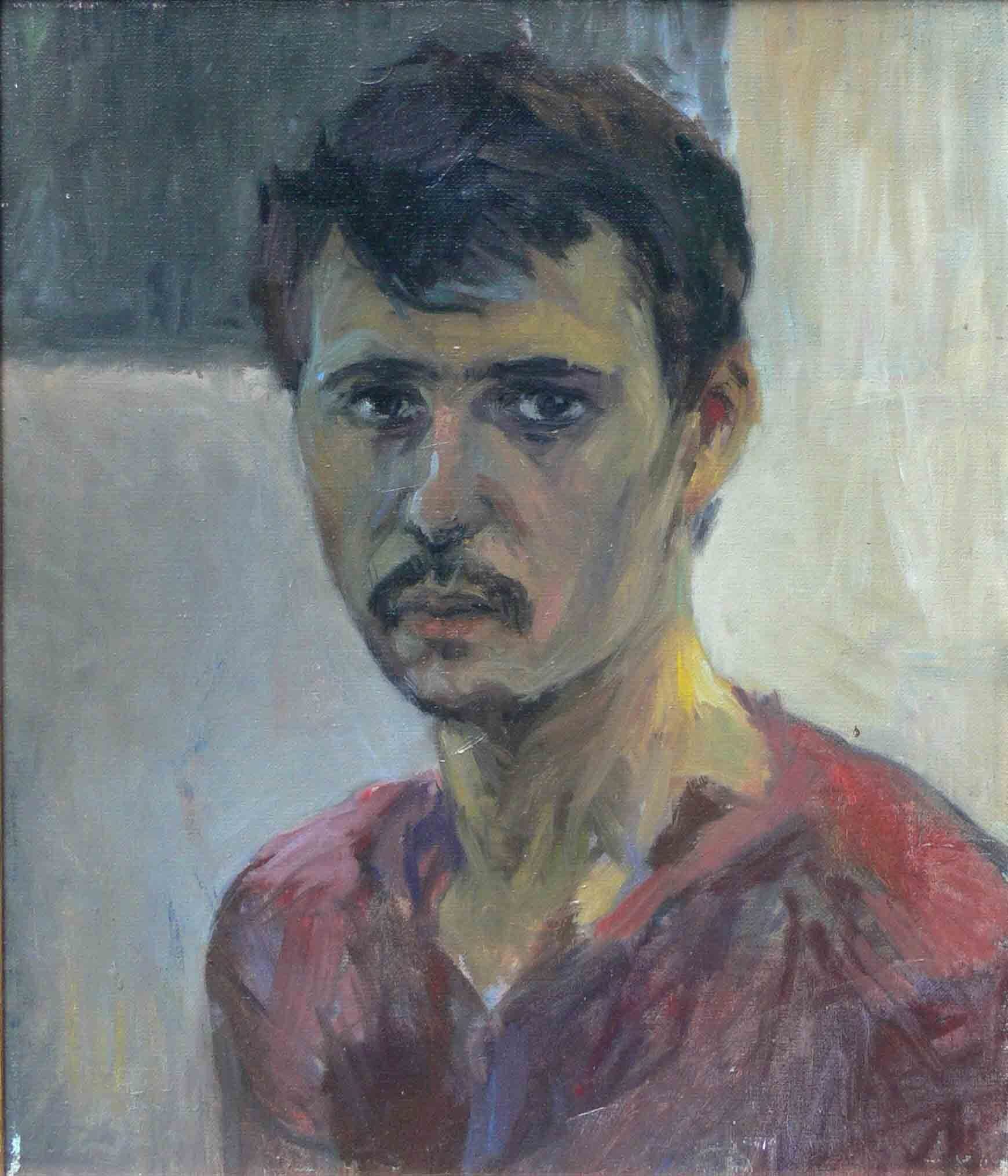 Young male with dark hair and red shirt painting by Mariusz Kaldowski