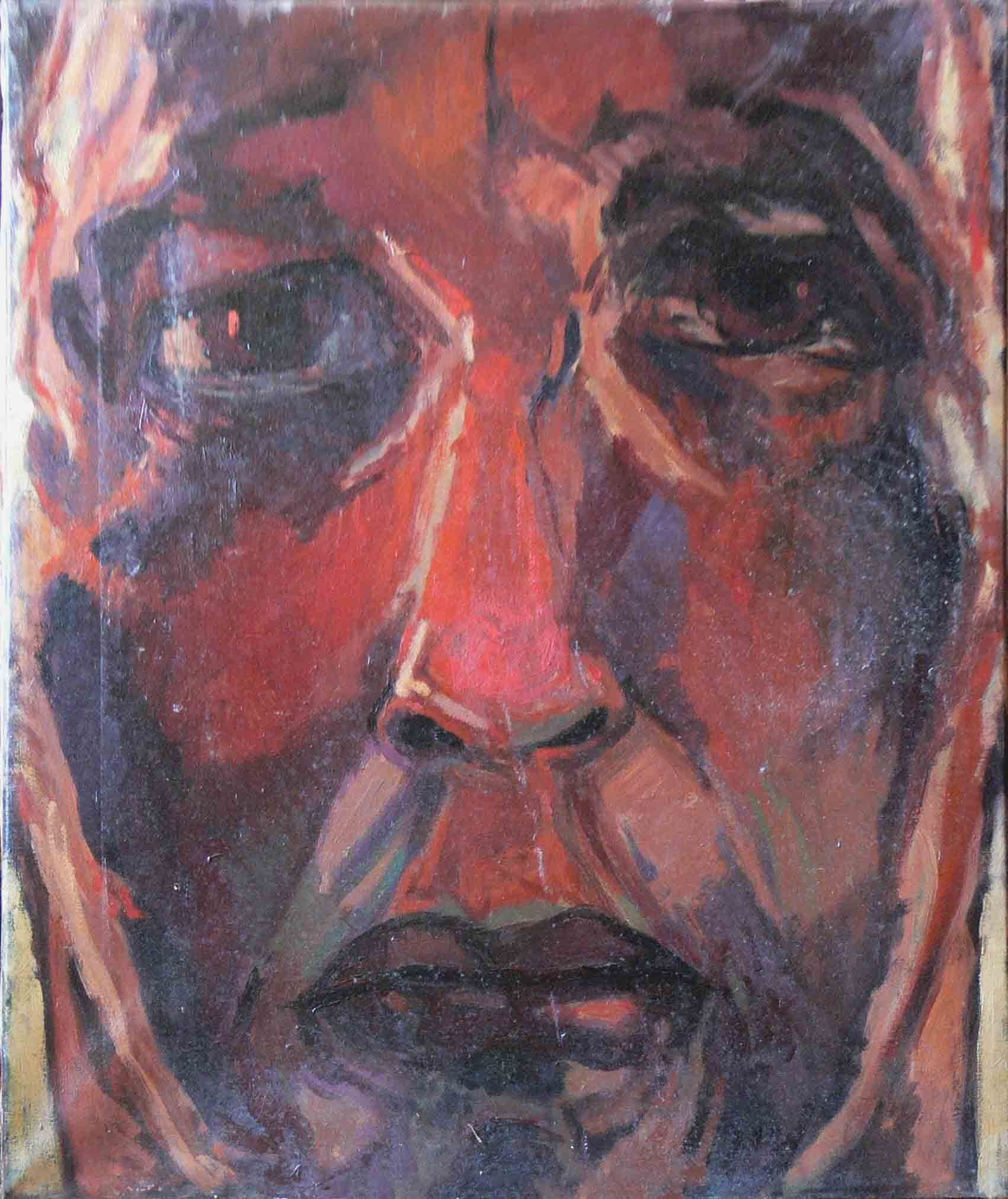 Archive painting of male face in red by Mariusz Kaldowski