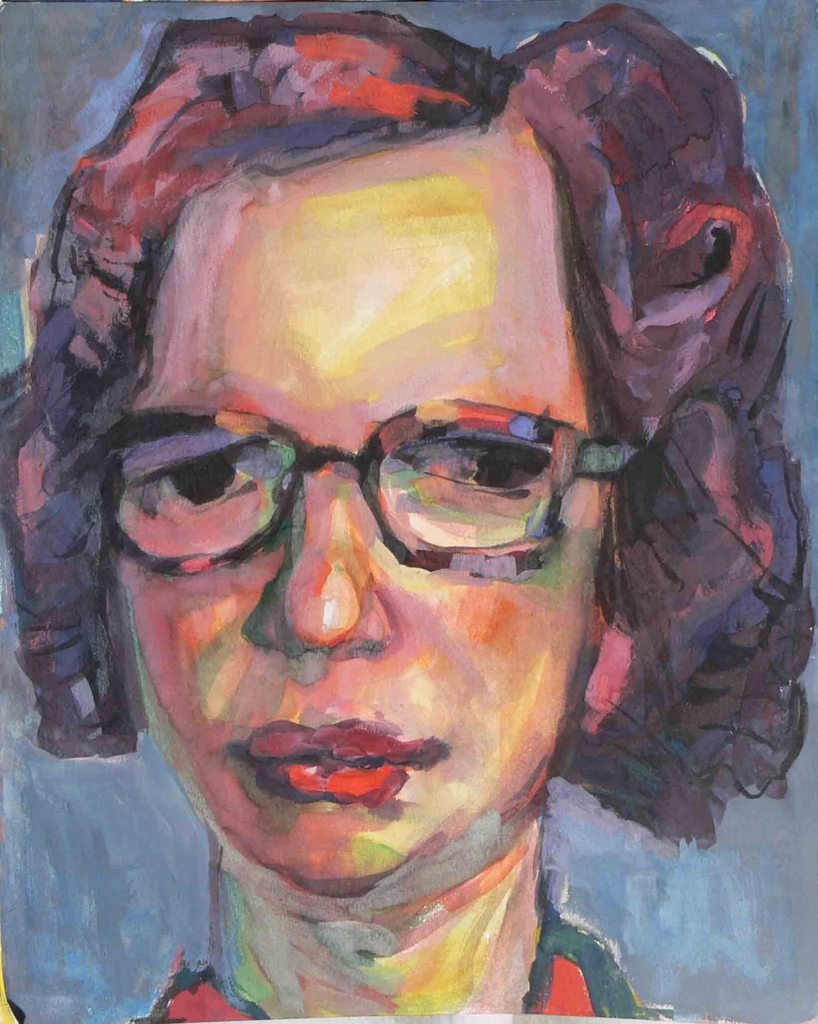 Archival painting of a female face in heavy glasses by Mariusz Kaldowski