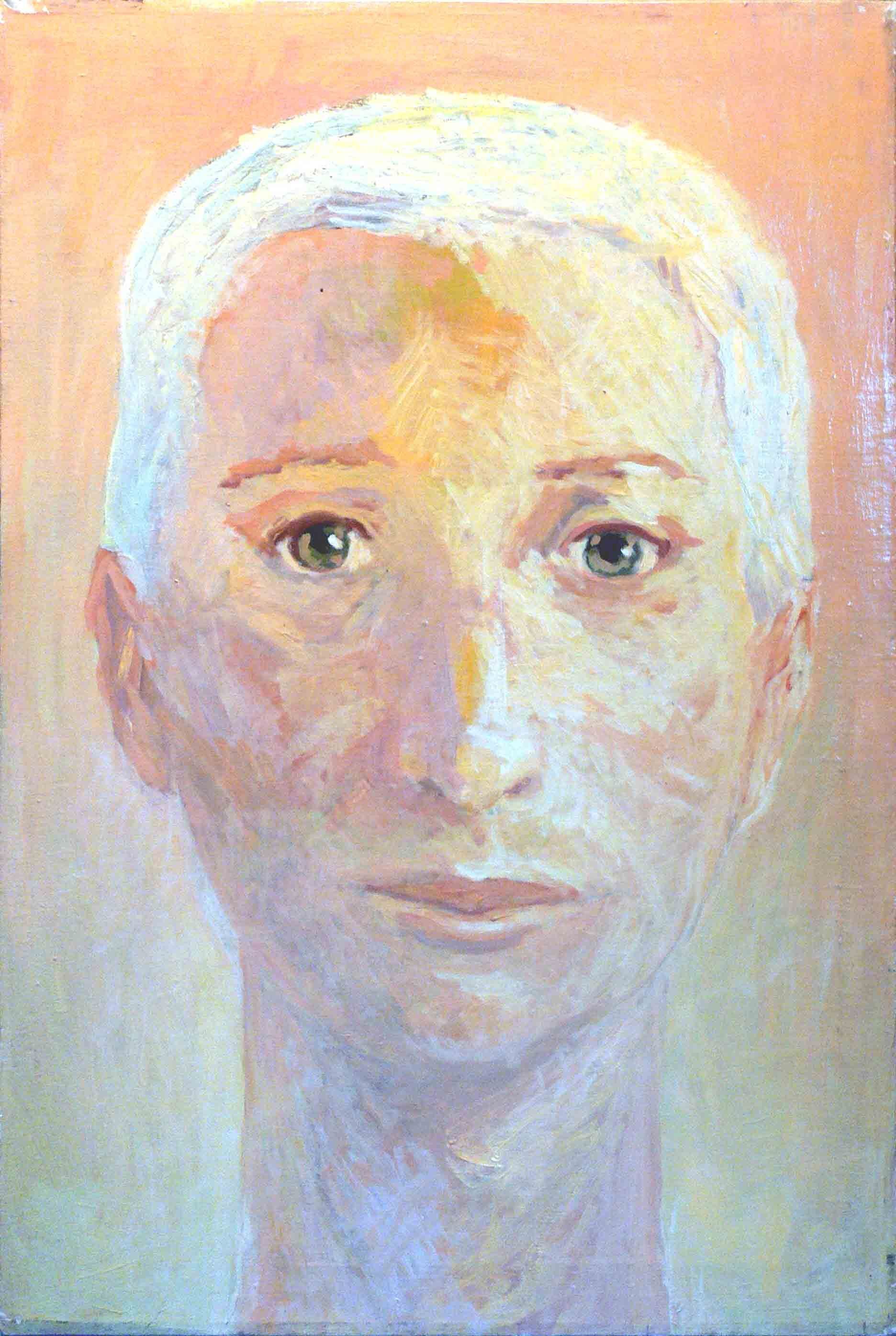 Early painting by Mariusz Kaldowski of a person with grey hair