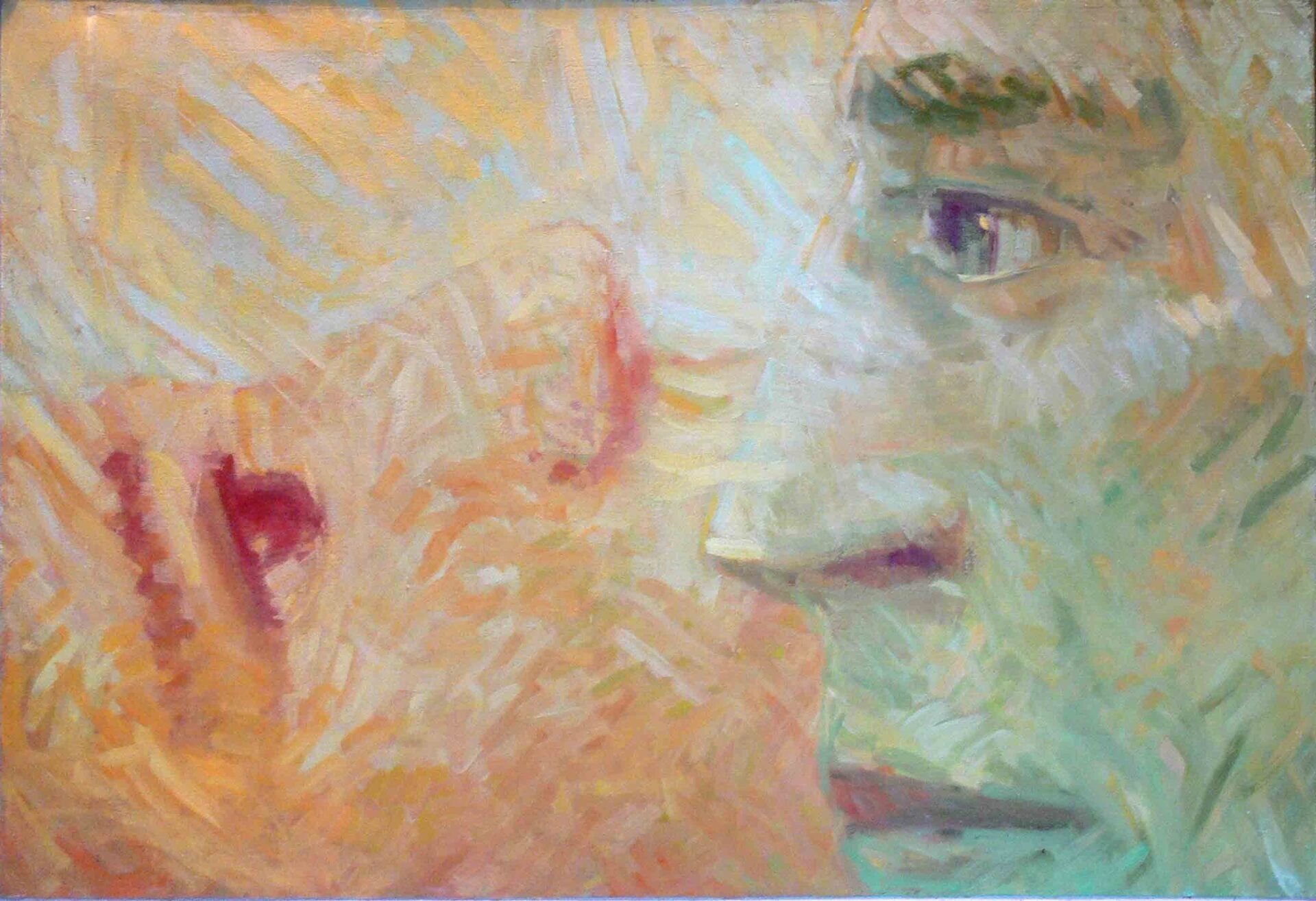 Figurative acrylic of a male face by Mariusz Kaldowski