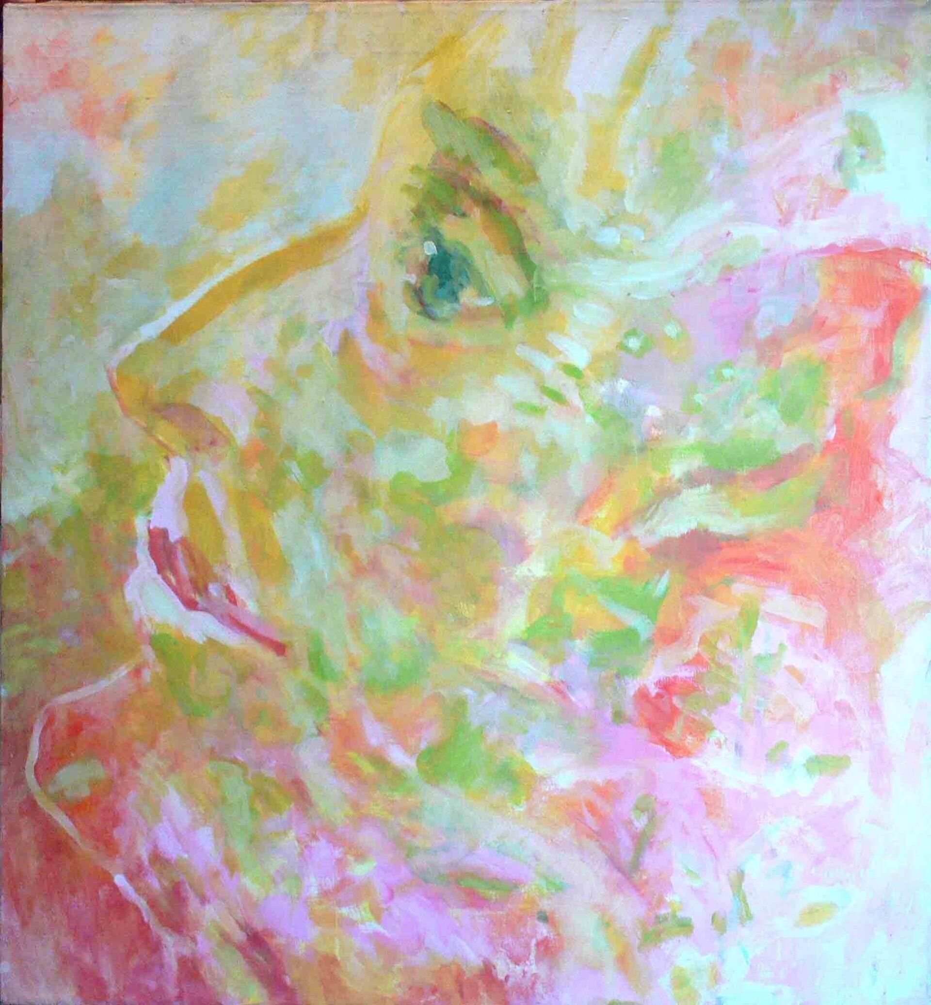 Painting of a female face in experimental close up style by Mariusz Kaldowski