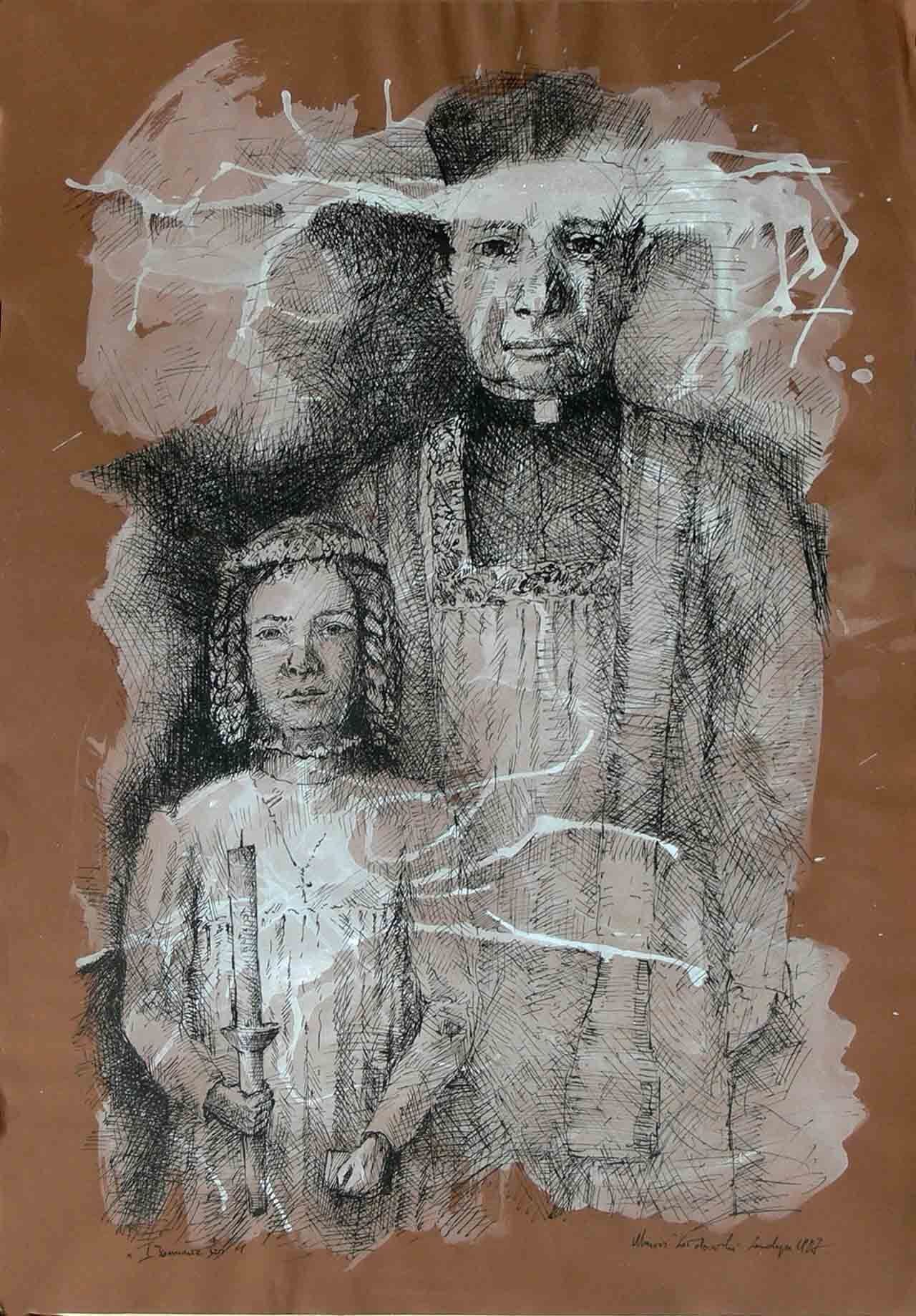 Drawing of a first communion, girl and priest by Mariusz Kaldowski