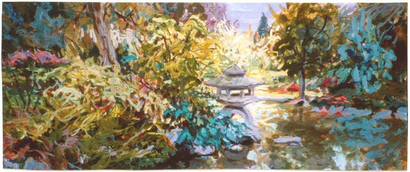 Vivid painting of garden stone feature by Mariusz Kaldowski