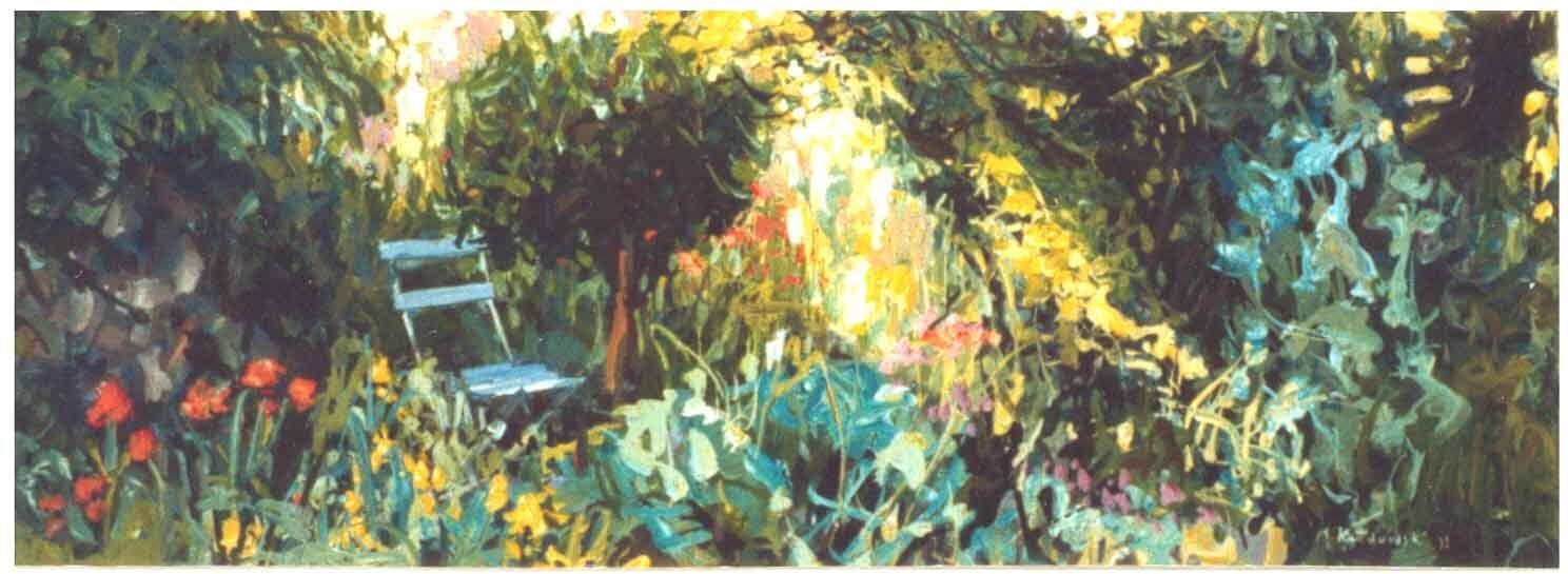 Impressionistic painting of garden and chair by Mariusz Kaldowski
