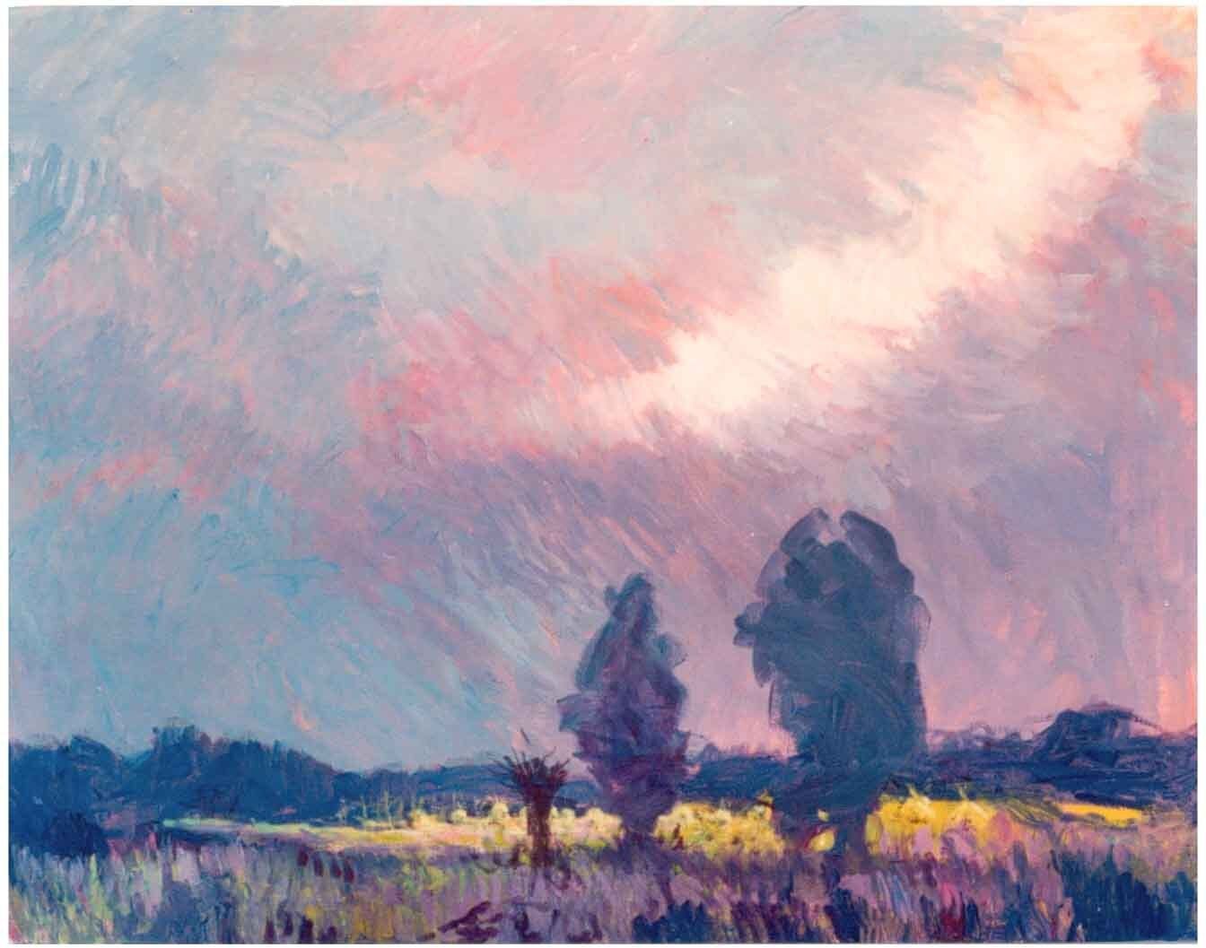 Archival painting of a landscape with white clouds by Mariusz Kaldowski
