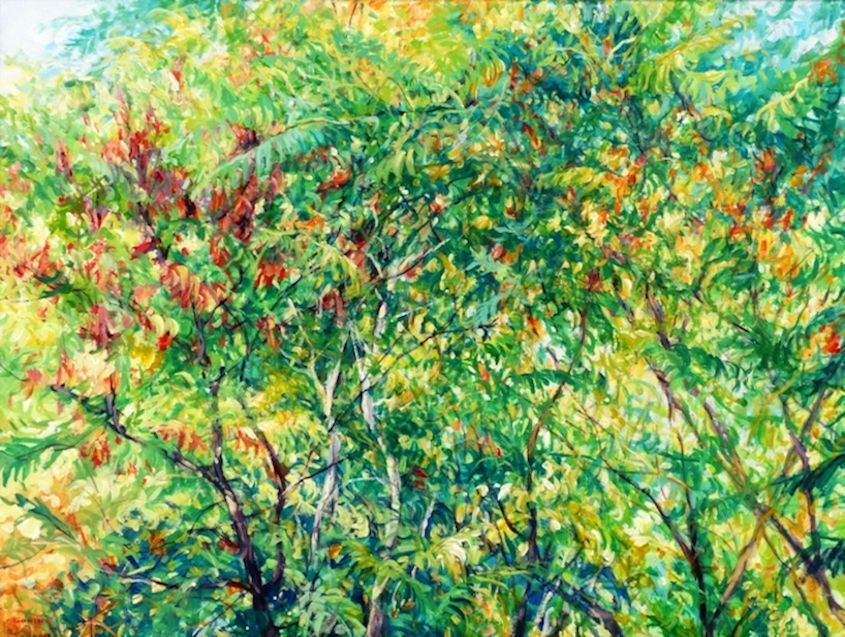 Nymans 2024 acrylic painting by Mariusz Kaldowski, inspired by National Trust gardens, green trees at the park