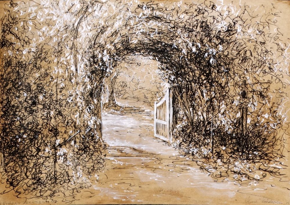 Nymans 2024 pen and ink drawing by Mariusz Kaldowski, inspired by National Trust gardens, gate from garden shop to the park