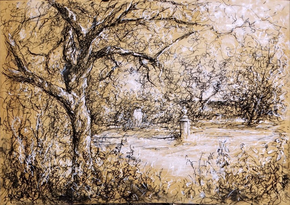 Nymans 2024 pen and ink drawing by Mariusz Kaldowski, inspired by National Trust gardens, urn garden at the park