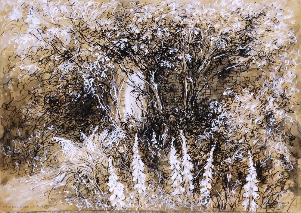 Nymans 2024 pen and ink drawing by Mariusz Kaldowski, inspired by National Trust gardens, old gate and foxgloves at the park