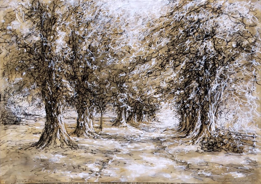 Nymans 2024 pen and ink drawing by Mariusz Kaldowski, inspired by National Trust gardens, old lime trees in the park