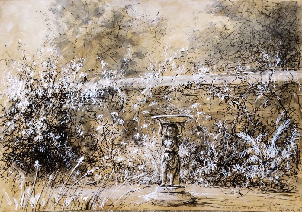 Nymans 2024 pen and ink drawing by Mariusz Kaldowski, inspired by National Trust gardens, fountain at the park