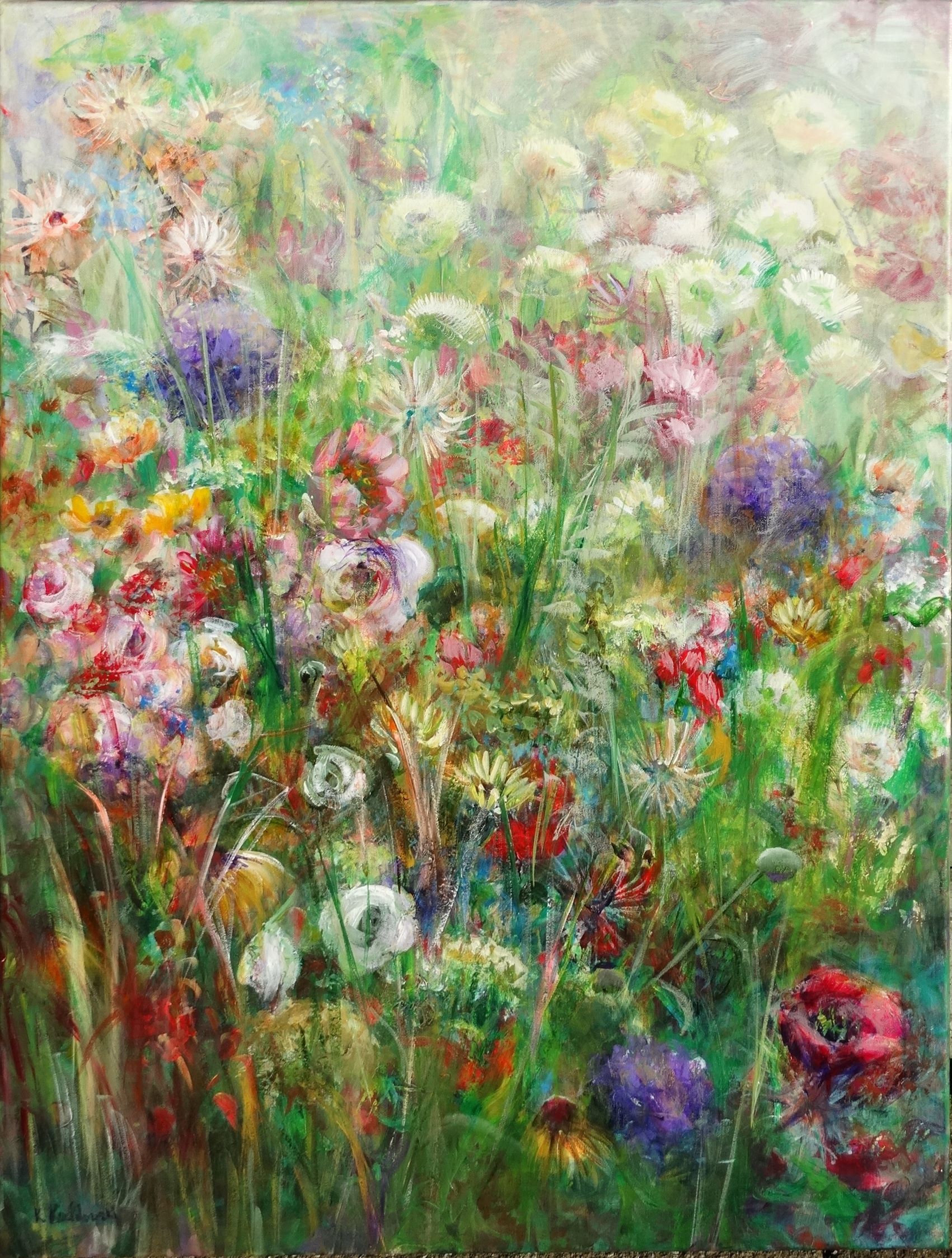 Garden Medley painting of mixture of flowers 
acrylic on canvas 101.5 x 76cm