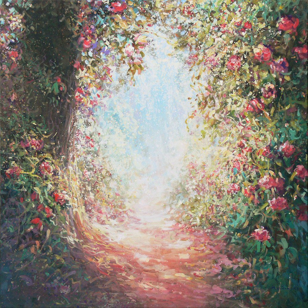 National Trust painting by Mariusz Kaldowski — acrylic on canvas, inspired by rhododendron walk at Nymans Gardens