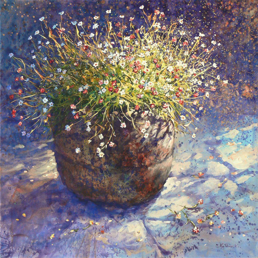 National Trust painting by Mariusz Kaldowski — acrylic on canvas, inspired by old stone daisy flower pot at Nymans
