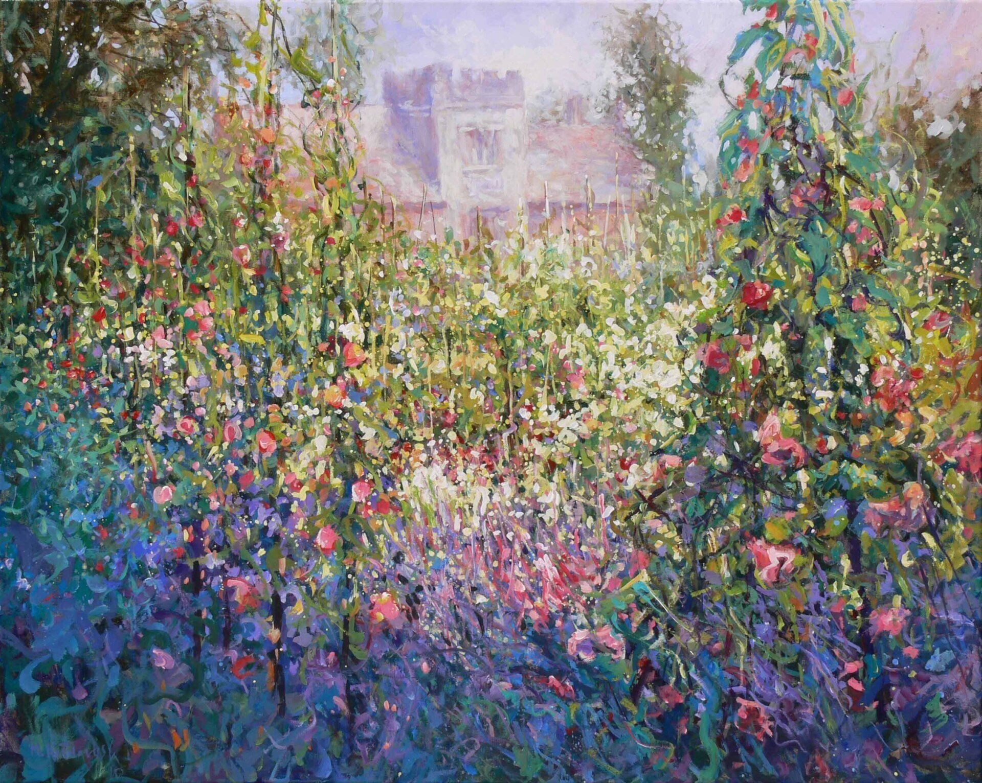 National Trust painting by Mariusz Kaldowski — acrylic on canvas, inspired by sweat peas in Ightham Mote gardens