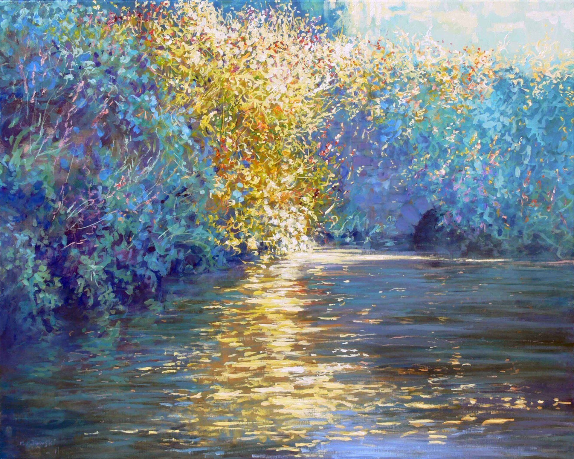 National Trust painting by Mariusz Kaldowski — acrylic on canvas, inspired by mote reflections in Ightham Mote