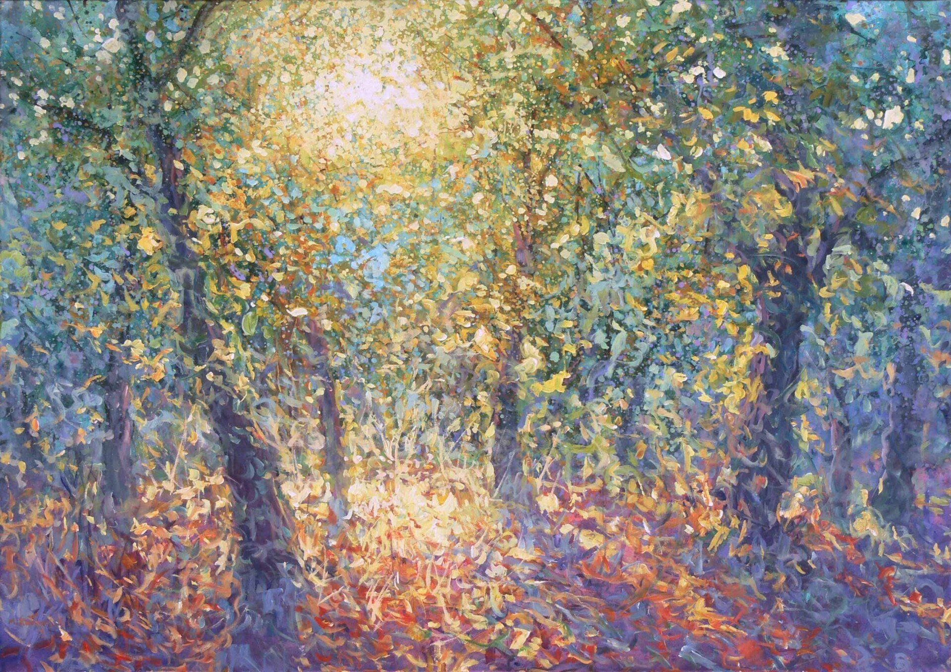 National Trust painting by Mariusz Kaldowski — acrylic on canvas, inspired by a young forest at Ightham Mote