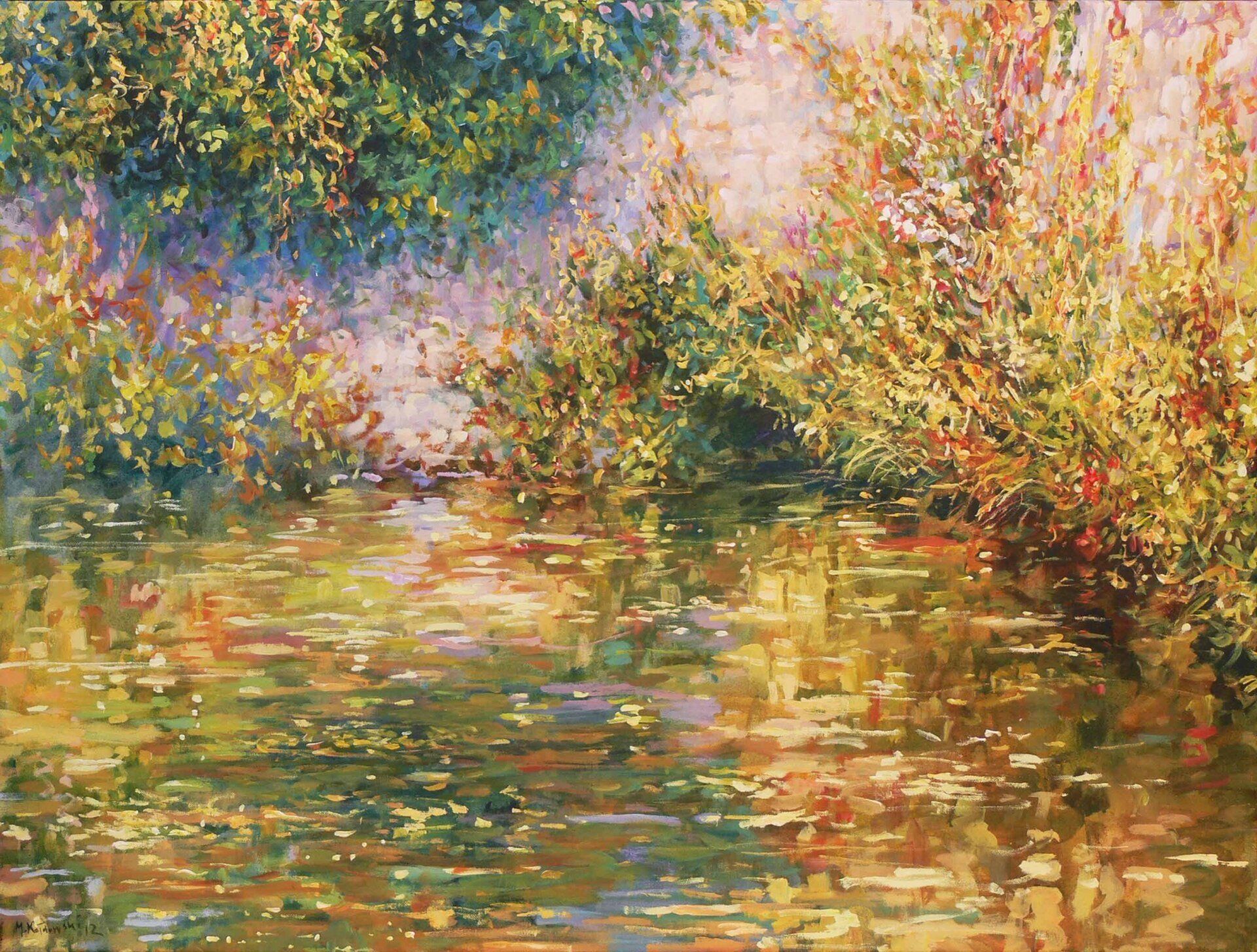 National Trust painting by Mariusz Kaldowski — acrylic on canvas, inspired by mote in autumn in Ightham Mote