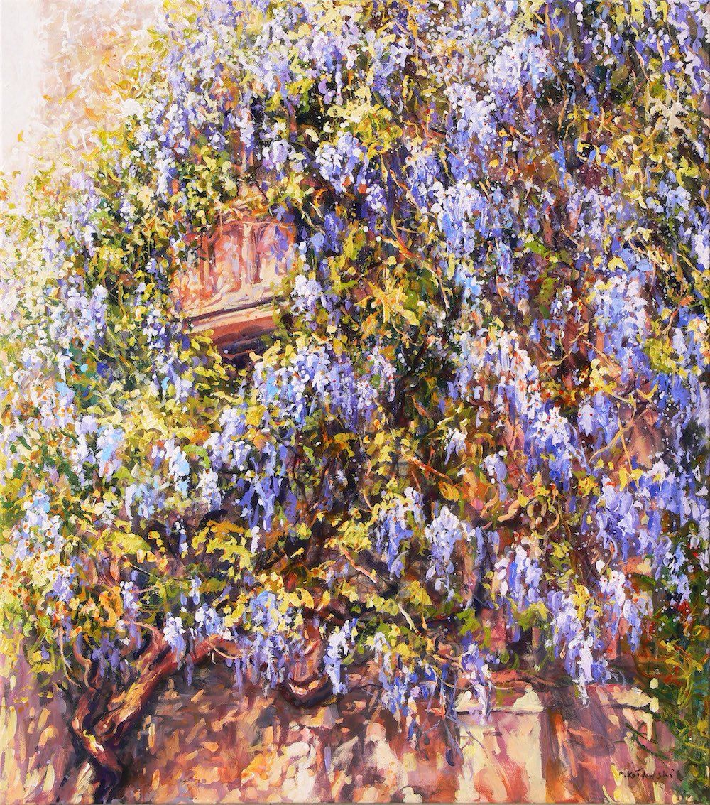 National Trust painting by Mariusz Kaldowski — acrylic on canvas, inspired by wisteria on a wall at Nymans