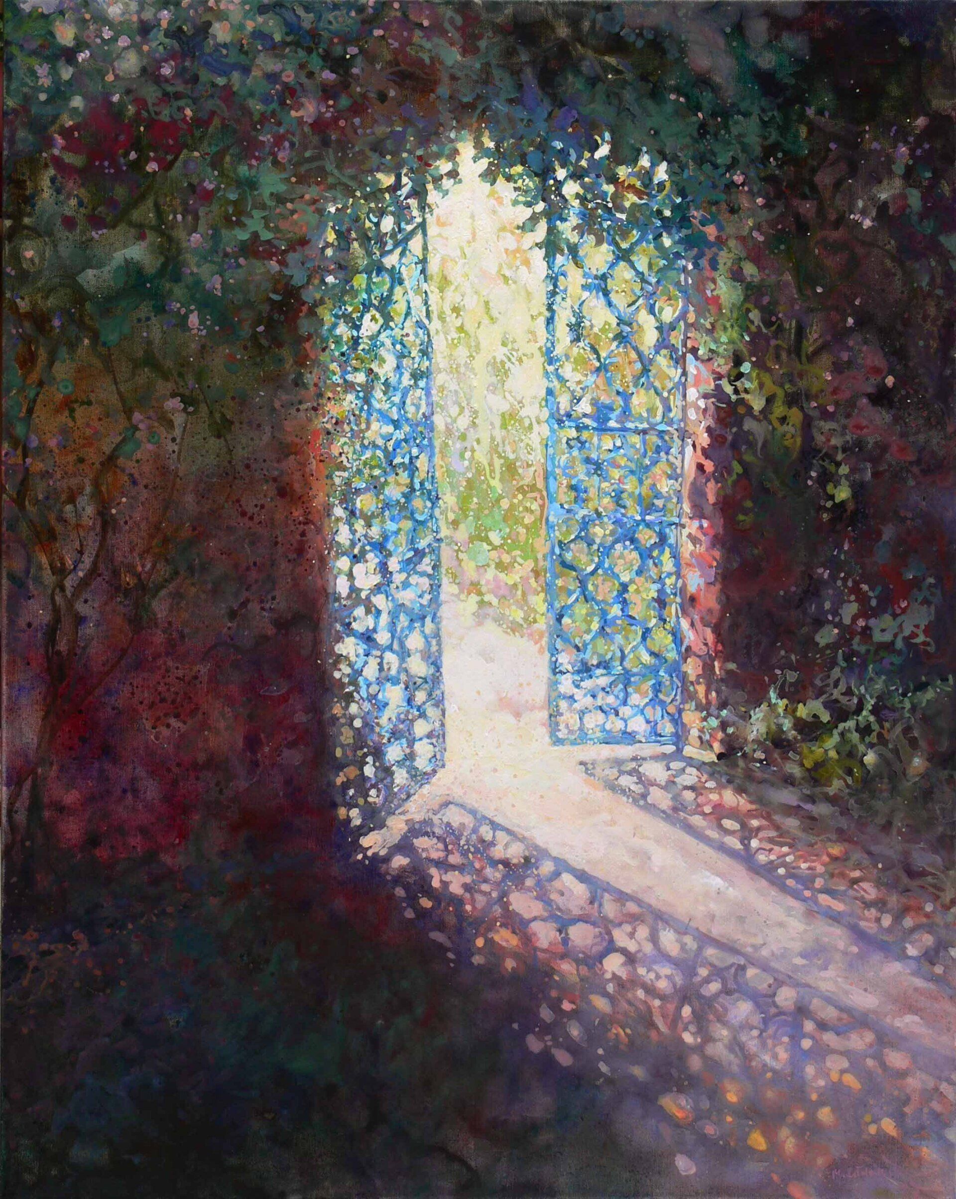 National Trust painting by Mariusz Kaldowski — acrylic on canvas, inspired by blue door at Sissinghurst Gardens