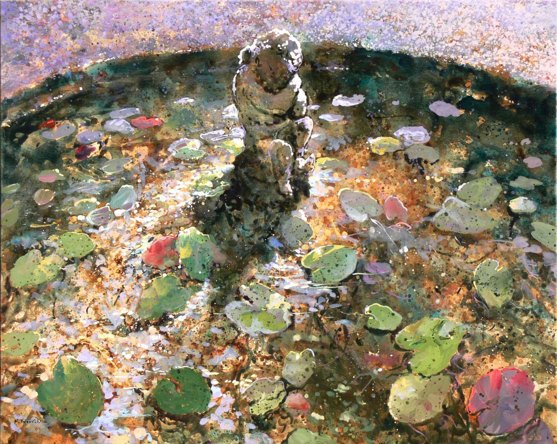 National Trust painting by Mariusz Kaldowski — acrylic on canvas, inspired by cherub fountain at Clandon