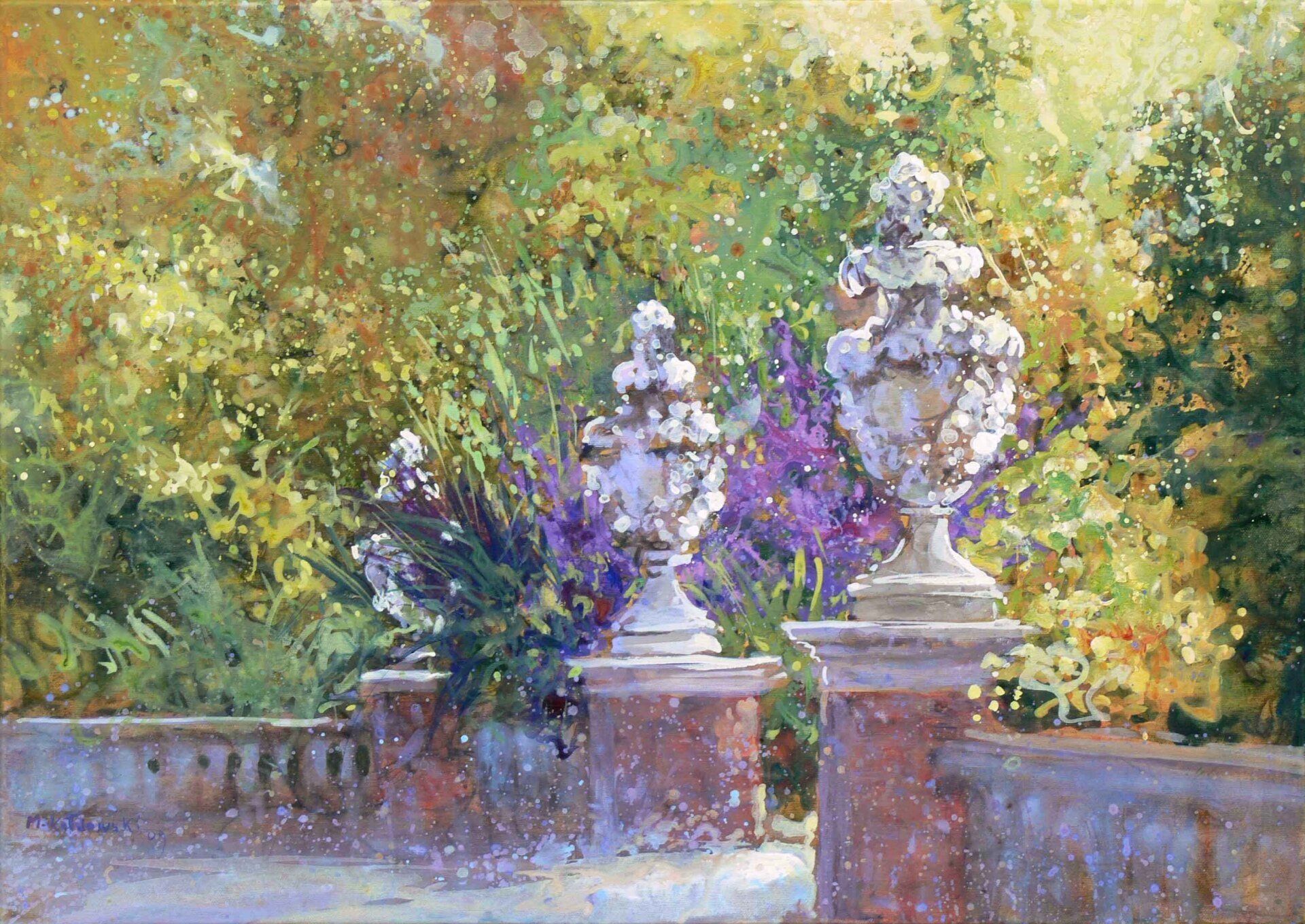 National Trust painting by Mariusz Kaldowski — acrylic on canvas, inspired by terrace at Clandon
