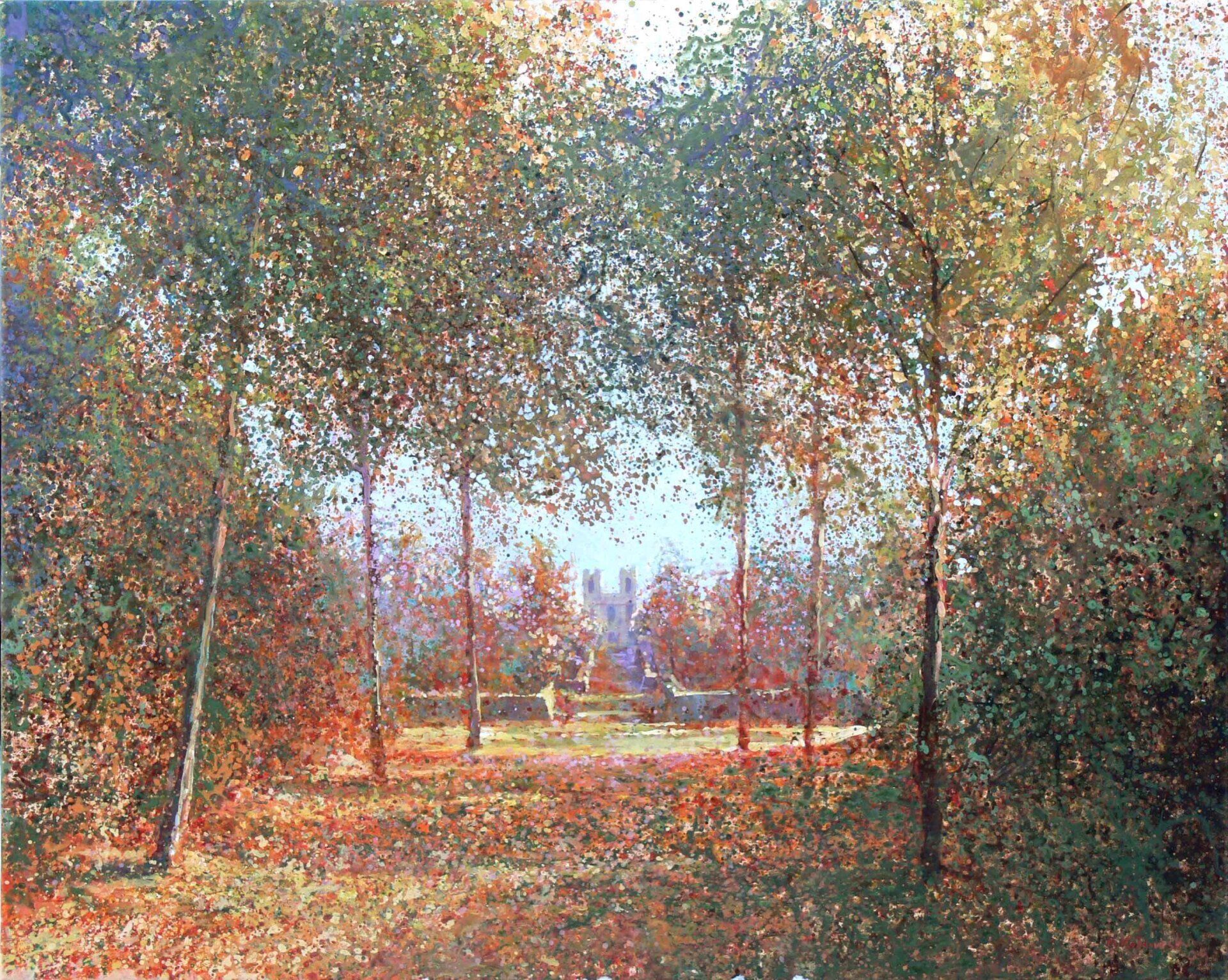 National Trust painting by Mariusz Kaldowski — acrylic on canvas, inspired by autumn at Clarendon