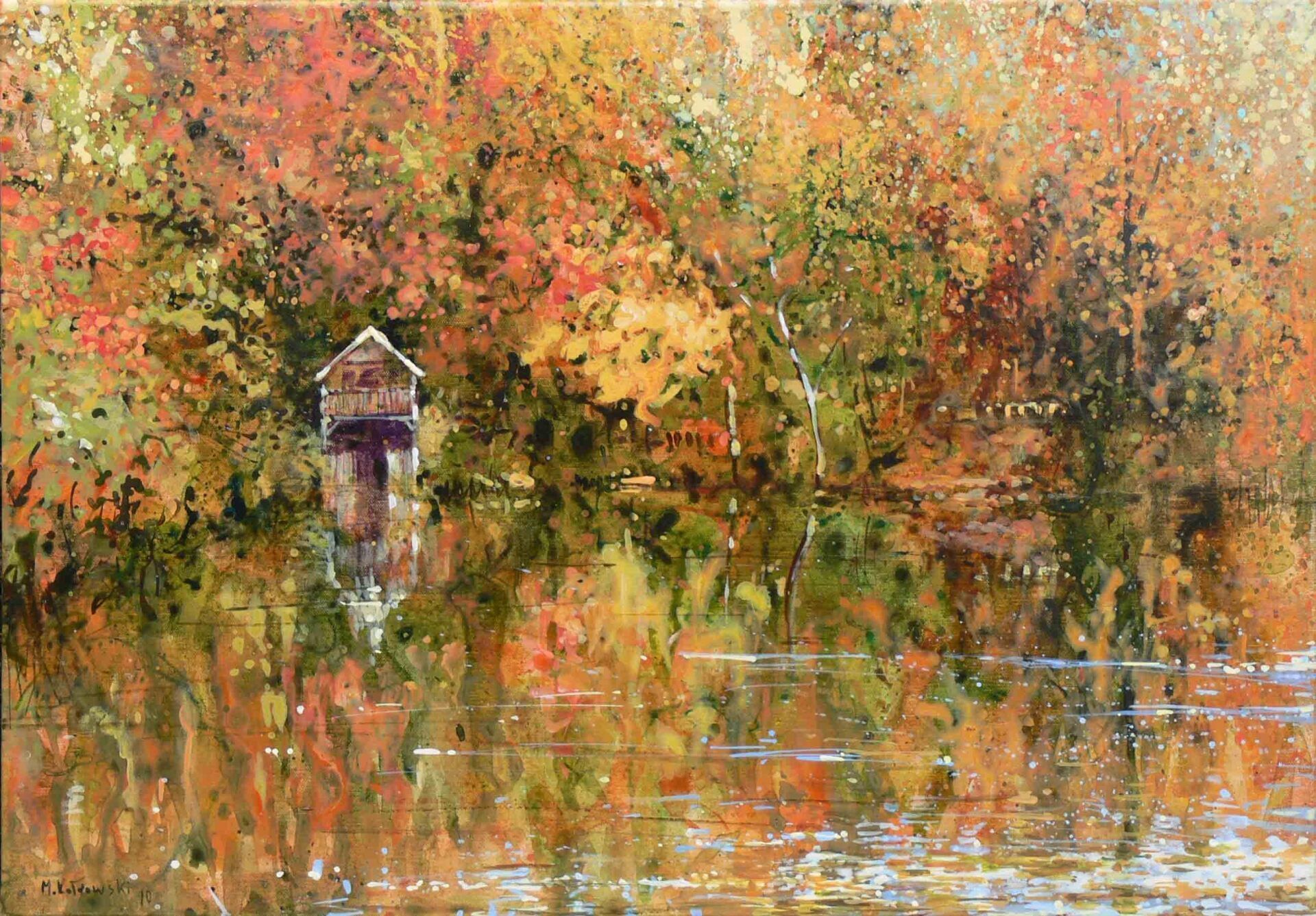 National Trust painting by Mariusz Kaldowski — acrylic on canvas, inspired by a pond at Winkworth Arboretum