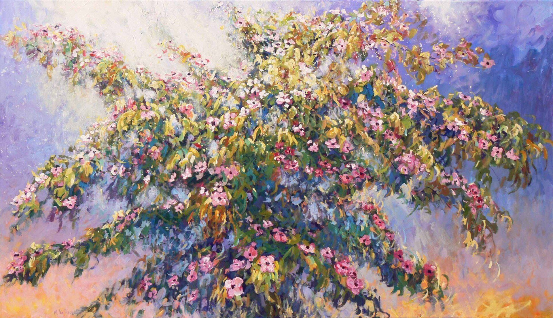 National Trust painting by Mariusz Kaldowski — acrylic on canvas, 70 × 120 cm, inspired by Cornus at Nymans