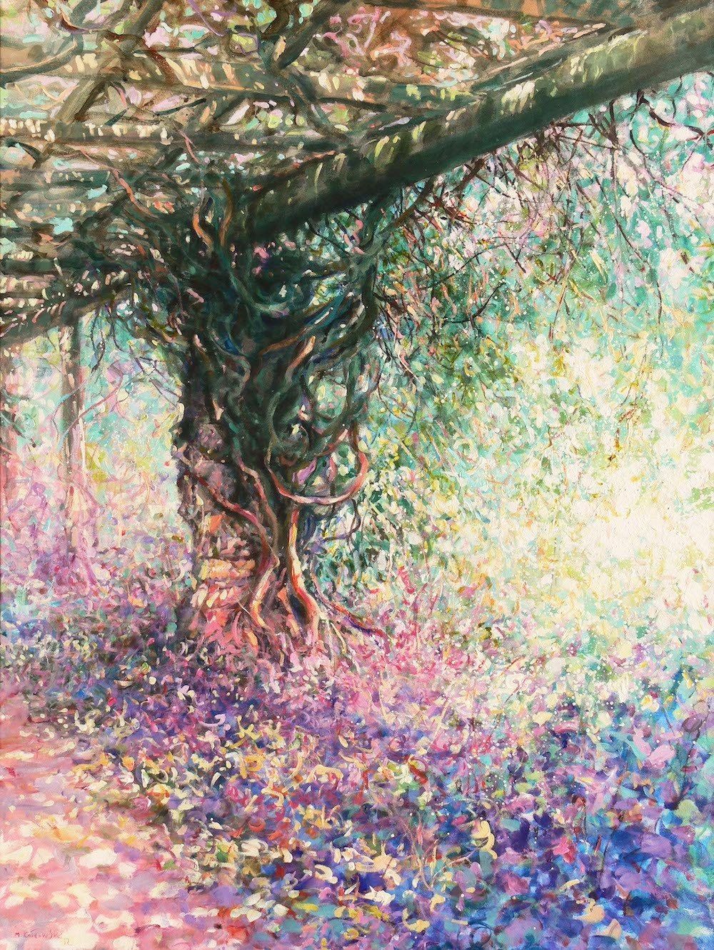 National Trust painting by Mariusz Kaldowski — acrylic on canvas, 121.5 x 91cm, inspired by Wisteria Pergola at Nymans