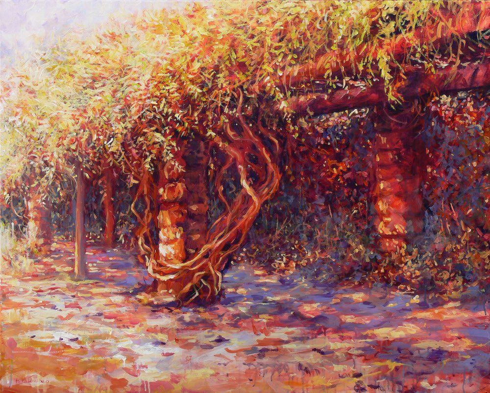 National Trust painting by Mariusz Kaldowski — acrylic on canvas, inspired by wisteria pergola at Nymans